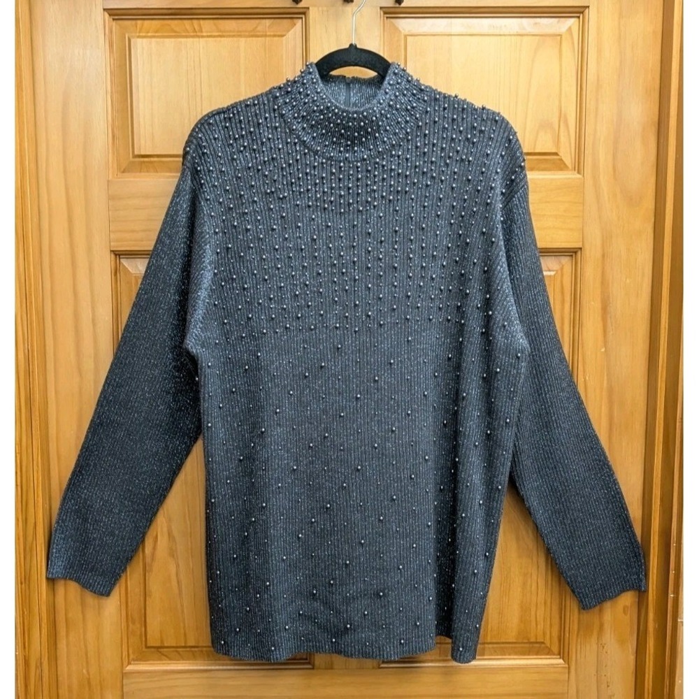 Silhouettes Women's 1X Sweater Holiday Pearls Back Zip Long Sleeves Christmas